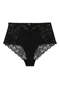 Culotte noire taille haute avec une superposition en dentelle à motifs floraux et bords festonnés, agrémentée d'un petit détail en métal doré.