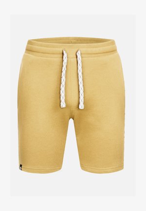 Pantaloni scurți galbeni din bumbac cu talie elastică și șnur alb. Textură netedă și croi drept, având un logo mic pe margine.
