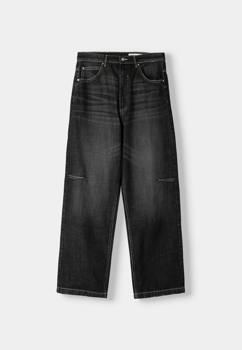 Pantalons en denim noir avec une silhouette à jambe large, comprenant cinq poches, un léger décoloration et des coutures contrastantes le long des coutures.