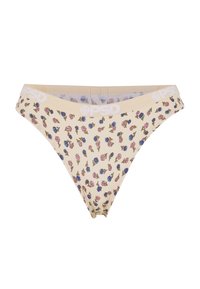 Beige stringtruse med blomsterdesign som har rosa og blå roser, med en hvit midjebånd merket "PSD." Mykt materiale.