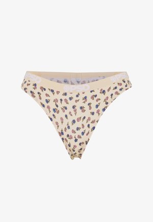 Beige thong underwear with a floral pattern featuring pink and blue roses, designed with a white waistband labeled "PSD." Soft material.