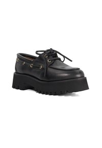 Black leather platform shoes with a rounded toe, lace-up design, and gold hardware accents. Textured chunky sole with pronounced tread.