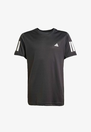 Black athletic t-shirt made of smooth fabric, featuring short sleeves, crew neck, and white accents with three stripes on each shoulder.