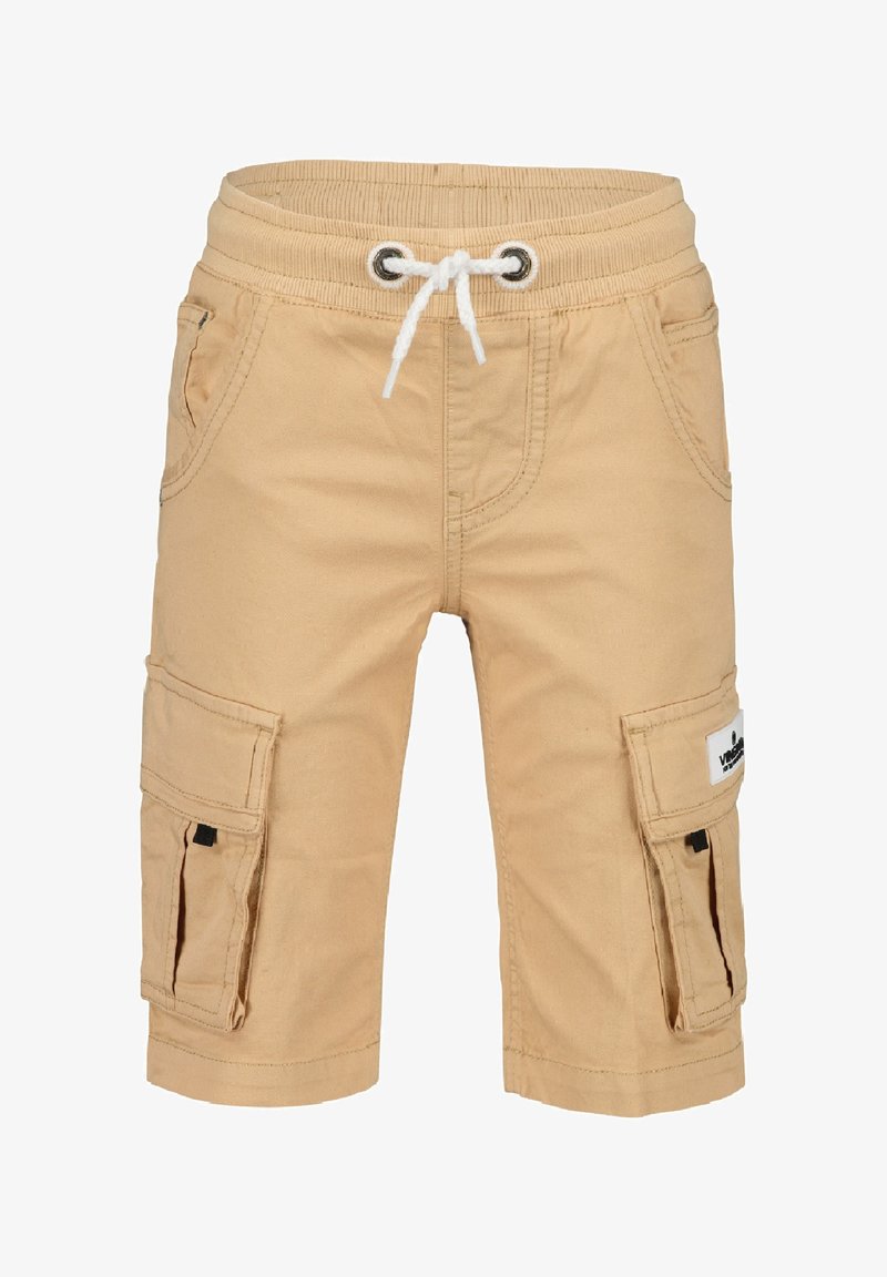 Beige Cargo-Shorts mit elastischem Bund, Kordelzug, mehreren Taschen und gestickten Details. Der Stoff fühlt sich glatt und leicht an.