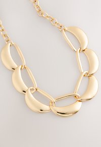 Goudkleurige halsketting met aaneengeschakelde halfcirkelvormige en langwerpige ovale metalen schakels. Glad, glanzend oppervlak, voorzien van een kettingsluiting.