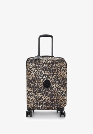Leopard-print suitcase with a sturdy black handle, four wheels, and a round logo patch. Made of durable material with a patterned texture.