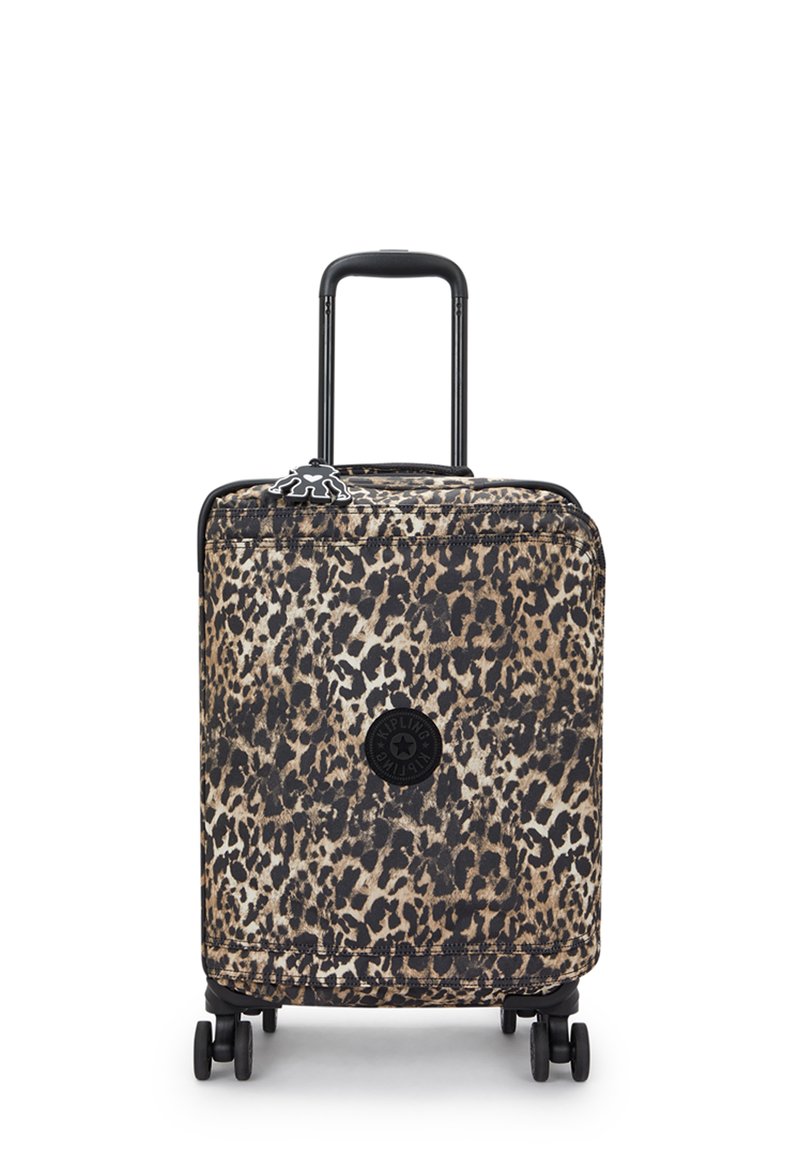Leopard-print suitcase with a sturdy black handle, four wheels, and a round logo patch. Made of durable material with a patterned texture.