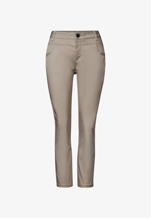 Béžové kalhoty z lehkého materiálu, se střihovým designem rovného nohavice, páskovými smyčkami, předními kapsami a zapínáním na jeden knoflík.