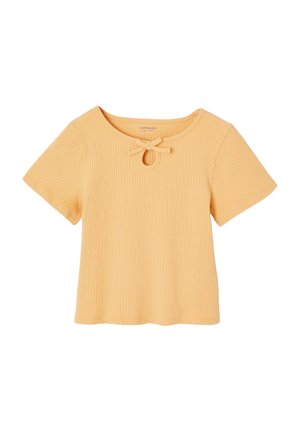 Gelbes kurzärmeliges, geripptes Oberteil mit rundem Ausschnitt und kleinem, vorne mittig gebundenem Schleifendetail.