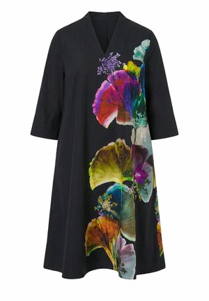 Ulla Popken, WATERCOLOR GINKGO 3/4 SLEEVE A-LINE DRESS - Hverdagskjole - black