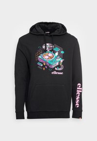 Sudadera negra con un estampado gráfico que presenta un giradiscos en turquesa, rosa y blanco. Incluye un bolsillo frente y puños acanalados.