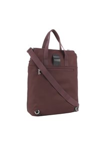 Borsa color mogano realizzata in tessuto resistente, dotata di due manici superiori, una tracolla removibile e una tasca frontale con zip. Accenti metallici presenti.