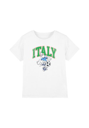 White t-shirt with large green and red "ITALY" text above a cartoon duck playing soccer wearing a blue outfit and kicking a black and white ball.