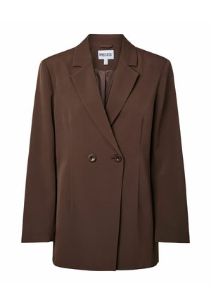 Blazer marron croisé avec revers à encoche, deux boutons à l'avant, manches longues et doublure intérieure lisse de type satin.