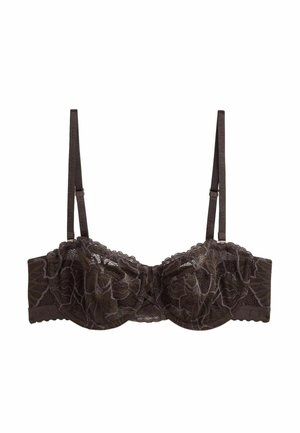 Black lace bra with floral patterns, adjustable thin straps, and underwire support, displayed on a plain white background.