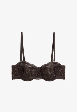 Soutien-gorge en dentelle noire avec motifs floraux, bretelles fines réglables et armature de soutien, présenté sur un fond blanc uni.