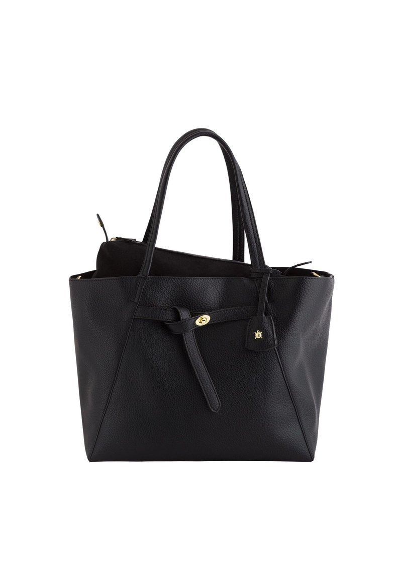 Zwarte leren shopper met een textuur, dubbele handvatten, een knoopdetail en gouden metalen accenten. Inclusief een binnenzak.