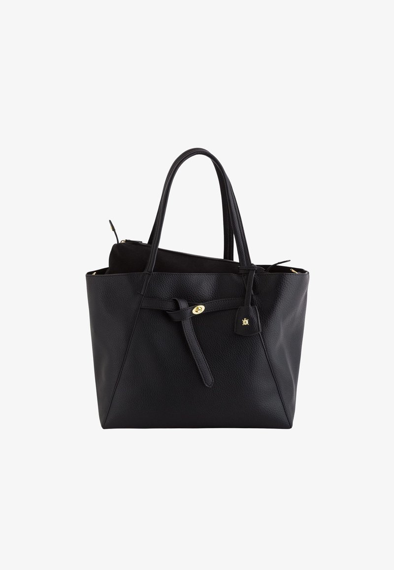 Zwarte leren shopper met een textuur, dubbele handvatten, een knoopdetail en gouden metalen accenten. Inclusief een binnenzak.