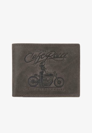 Cartera de cuero gris oscuro con grabados en relieve de una motocicleta y una figura, con las palabras "California Cafe Racer" y "Sexy Cafe Racer Riders".
