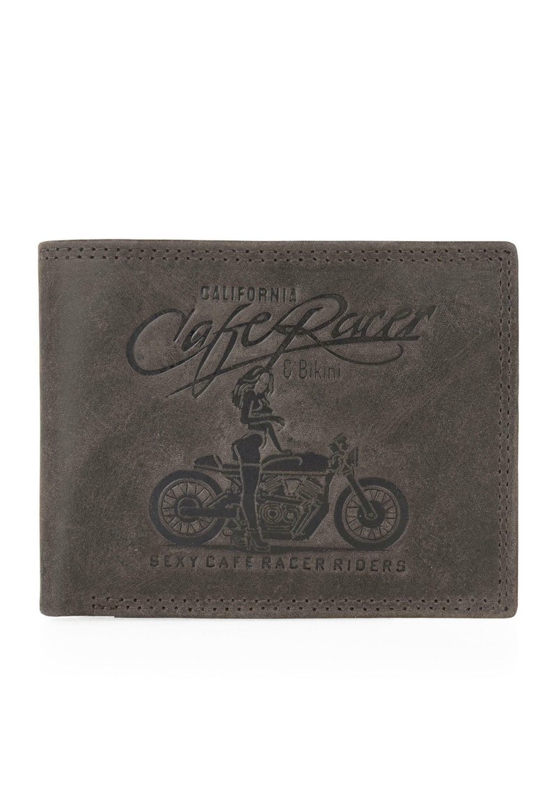 Cartera de cuero gris oscuro con grabados en relieve de una motocicleta y una figura, con las palabras "California Cafe Racer" y "Sexy Cafe Racer Riders".