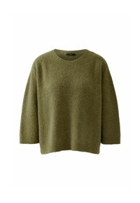 Olive green oversized knit sweater with a round neckline and three-quarter sleeves. Soft texture, simple design, and no visible patterns.