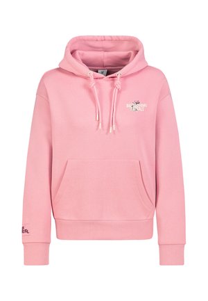 Rosa Hoodie mit Fronttasche, Kordelzugkapuze und kleinem weißen Blumen-Textlogo mit der Aufschrift "Blossoming Florals" auf der Brust.