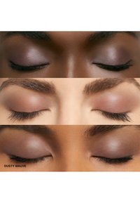 Drie close-up opnamen van ogen met oogschaduw in een stoffige mauve tint. Het oppervlak lijkt glad met een subtiele glans; wimpers zijn zichtbaar in twee afbeeldingen.