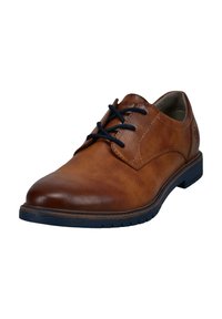 Braunes Leder-Schuh mit glatter Textur, runder Zehenform und kontrastierenden marineblauen Schnürsenkeln. Verfügt über eine strukturiere Sohle und dezente Nähdetails.
