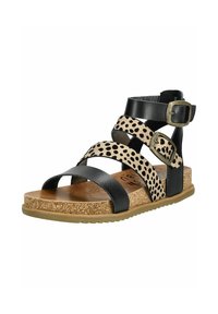 Černé kožené sandály na pásku se skvrnitými béžovými akcenty, korková stélka a přezkové zapínání. Disponují vícepáskovým designem a texturovanou podrážkou.