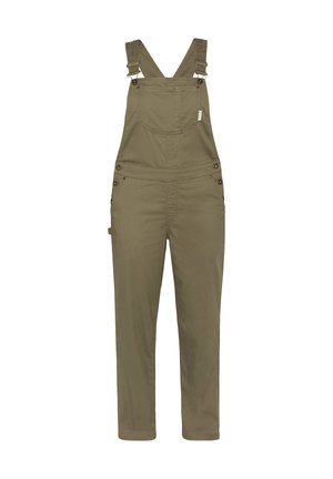 Olivgrüne Latzhose aus strapazierfähigem Material, mit verstellbaren Trägern, einer Fronttasche, seitlichen Knopfakzenten und schmal zulaufendem Bein.