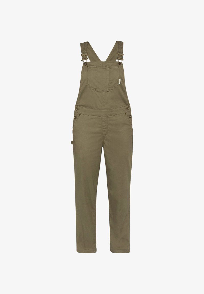 Olijfgroene overalls van duurzaam materiaal, met verstelbare bandjes, een voorzak, zijknopen en een tapered leg ontwerp.