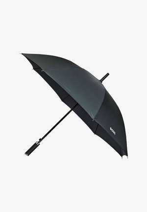 Crni kišobran s zakrivljenim krovom i čvrstim crnim metalnim okvirom. Ima logo na tkanini i dršku s teksturom.