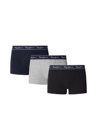 Drei Paare Herren-Boxershorts: navy, grau und schwarz aus Baumwollstoff, jeweils mit einem elastischen Markenbund mit weißer Schrift.