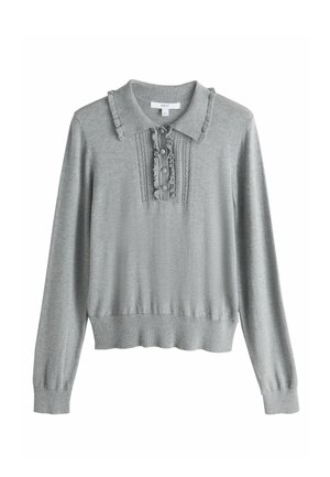 Világosszürke, hosszú ujjú pulóver gallérral, texturált elülső panel gombokkal, valamint fodros részletekkel a galléron és a mandzsettákon.