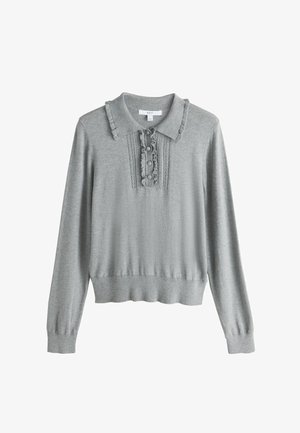 Pulover gri deschis cu mâneci lungi, guler, panou frontal texturat cu nasturi și accente cu volane pe guler și manșete.