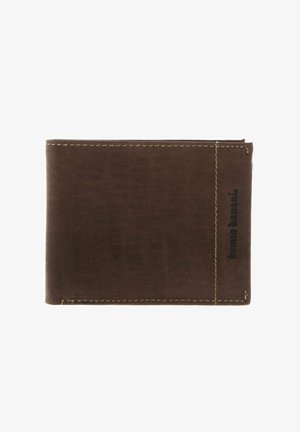 Brown leather bifold wallet with visible stitching and embossed "bruno banani" logo on the right edge.
