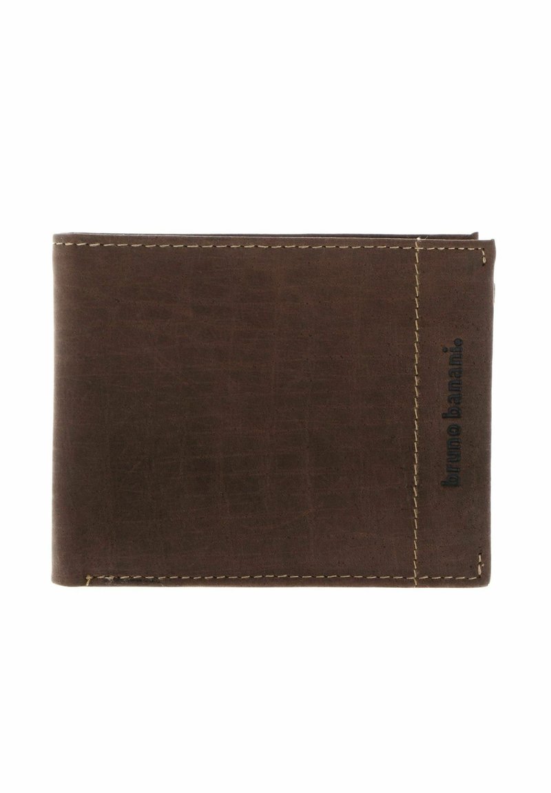 Brown leather bifold wallet with visible stitching and embossed "bruno banani" logo on the right edge.