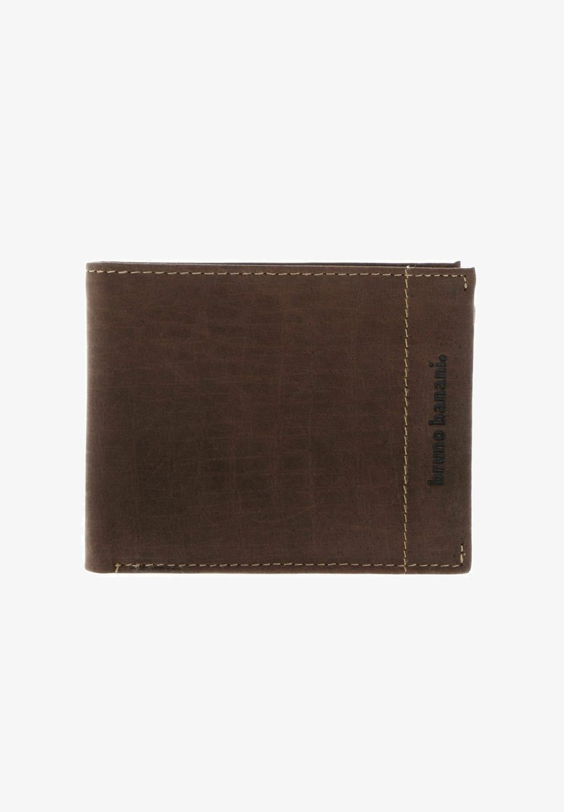 Portefeuille bifold en cuir marron avec des coutures visibles et un logo "bruno banani" en relief sur le bord droit.