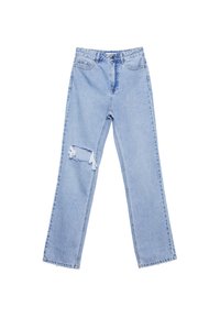 Jeans de mezclilla de lavado claro con un corte recto, que presentan un desgastado en la rodilla y un cierre básico de botón en la cintura.