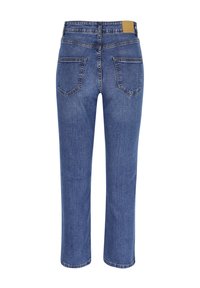 Denim jeans, blue color, straight leg design, mid-rise waist, five-pocket style with two back pockets and contrasting stitching.