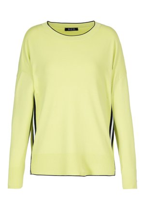 Geel trui met lange mouwen en zwart-witte strepen aan de zijkanten, ronde halslijn en zwarte afwerking aan kraag en zoom.