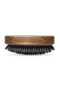 Houten borstel met een ronde, lichtbruine handgreep en dichte zwarte haren, ontworpen voor effectieve haarverzorging en styling.