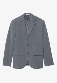 Grauer Blazer mit strukturiertem Stoff, Reverskragen, zwei Fronttaschen, zwei Knöpfen und glatter Innenauskleidung.