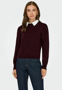 Maglione bordeaux a maniche lunghe, lavorato a maglia con texture, scollatura a girocollo e spalle a sbuffo, abbinato a una camicia bianca con colletto sotto.