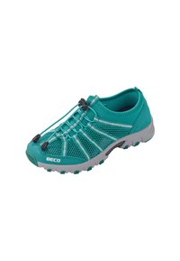 Chaussure de sport teal avec une tige en mesh, des lacets élastiques et une semelle en caoutchouc grise avec une adhérence. Le design comprend des accents argentés contrastants.