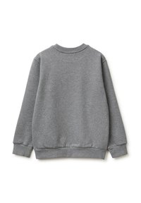 Felpa grigia con collo tondo, maniche lunghe e polsini e orlo a coste. Texture liscia con un design semplice e uniforme.
