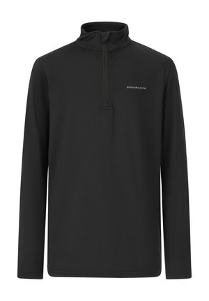 Sort langærmet pullover med kvart-zip krave, lavet af glat, letvægtsmateriale; har det subtile "ENDURANCE" logo på brystet.