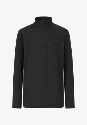 Musta pitkähihainen neule, jossa on neljännesvetoketjukaulus, valmistettu sileästä ja kevyestä kankaasta; rintaosassa on hillitty "ENDURANCE"-logo.