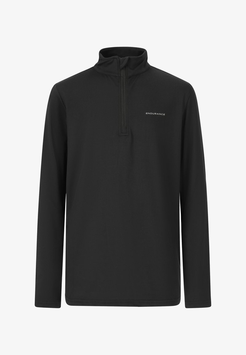 Musta pitkähihainen neule, jossa on neljännesvetoketjukaulus, valmistettu sileästä ja kevyestä kankaasta; rintaosassa on hillitty "ENDURANCE"-logo.