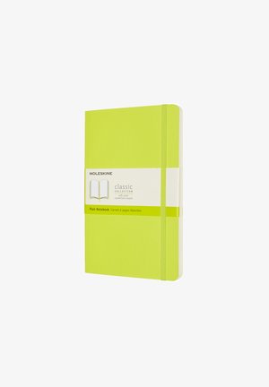 Moleskine classic notebook, soft green cover, elastic band closure, plain white pages, rectangular shape, simple branding on the label.